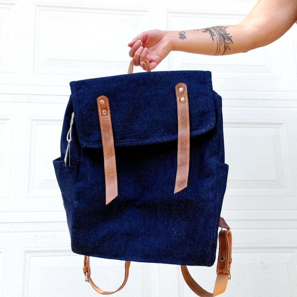Trades Of Hope Denim Backpack with Tan Leather Straps